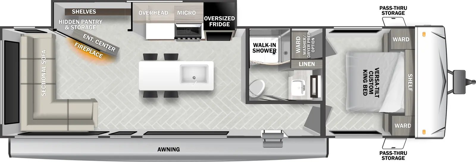 The Salem Southwest T28VIEWX floorplan has one entry and one slide out. Exterior features include: fiberglass exterior. Interiors features include: kitchen island, front bedroom and rear living.